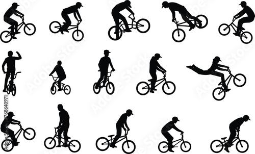 BMX rider silhouette, extreme sport action, freestyle bike tricks, urban cycling stunts, flat vector illustration, dynamic pose collection, black icons