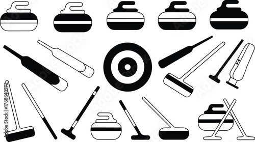 Curling sport icon, curling stone silhouette, broom vector graphic, curling target illustration, flat vector illustration, black curling equipment, winter game symbol