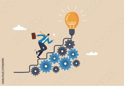 Best practices development, strategy to success or improvement, planning, progress or implementation process, efficiency or productivity concept, businessman running up stair on cogwheel gears system.