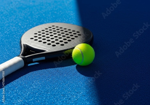 Padel racket and ball on blue court in sunlight, professional sports equipment closeup