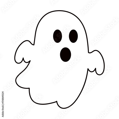 Outlined ghost illustration with a surprised expression. Simple Halloween design for coloring pages, stickers, decorations, festive and spooky graphics. Hand drawn vector icon. Minimalist line art.