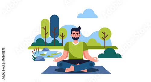 Meditating Man in Lotus Position in Front of Garden of Nature, Calmness and Peace