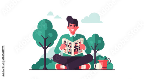 Meditative Person Enjoying Personal Photo Album Outdoors In Peaceful Environment