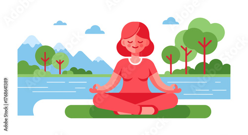 Meditative Woman In Nature Practicing, Achieving Mindfulness, Harmony and Relaxation