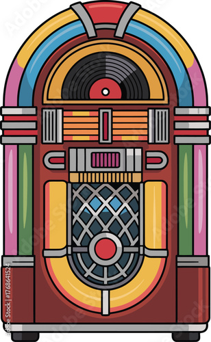 Colorful vintage jukebox with glowing lights and visible record for playing favorite songs