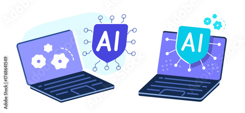 Artificial intelligence assistant on laptop screen. AI technology concept. CPU microchip vector illustration