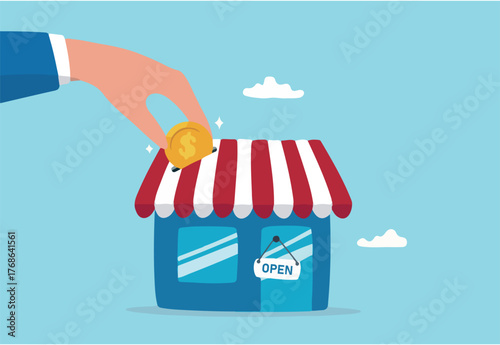 Funding small business, backing startup project or banking loan to start new business, investment or saving to open new shop concept, businessman hand funding by put coin into small business store.