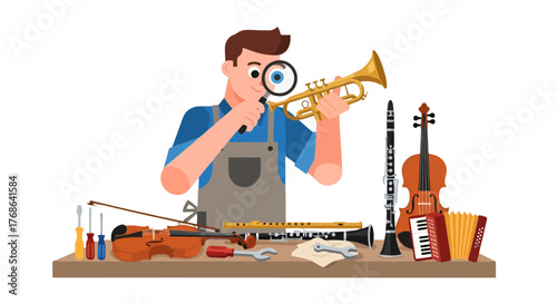 Musician Examining Trumpet with Tools, Several Instruments in Workshop Vector Illustration