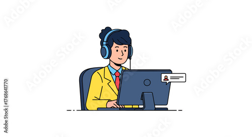 Online Assistant Working From Home Providing Customer Service On A Computer With Headset