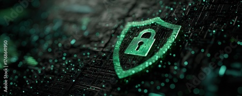 Green shield and padlock symbolizing digital security and data protection in cyber technology