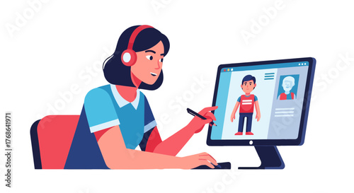 Online Consultation: A Woman Interacting With Patient Images On A Computer Screen