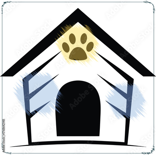 Stylized Doghouse with Paw Print Icon Depicting Pet Shelter and Canine Home Vector Illustration Graphic Design for Animal Lovers and Veterinary Use