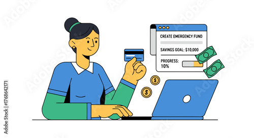 Online Finance Management And Savings Planning With Credit Card And Laptop Illustration