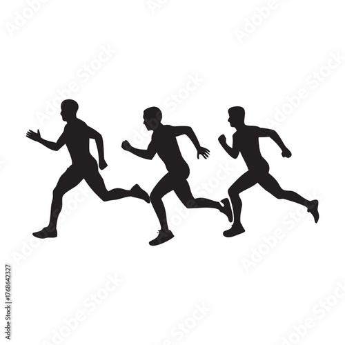 Dynamic silhouettes of three male athletes running sprint race competition sport