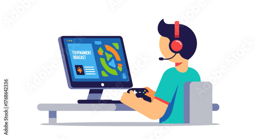 Online Gamer With Headset, Playing Video Game Tournament and Showing Bracket