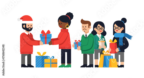 People Exchanging Presents Celebrating Holiday Cheerful Giving Gifts Festive Occasion