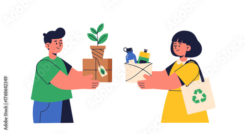 People Exchanging Eco-Friendly Items Demonstrating Environmental Care and Sustainable Living