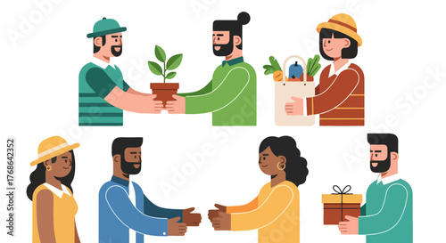 People Exchanging Goods And Gifts Depicted With Flat Illustration And Colorful Style