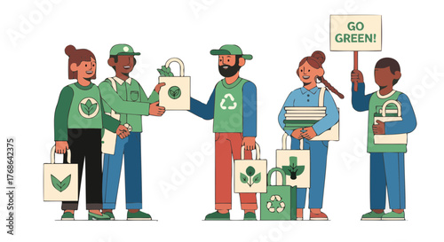 People Group Supporting Eco-Friendly Shopping With Reusable Bags In A Green Initiative