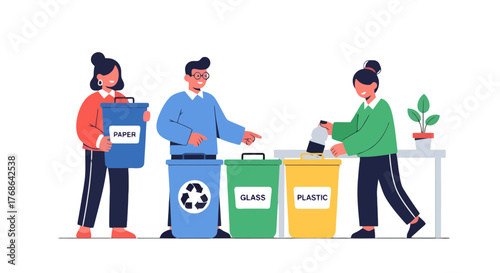 People Recycling Waste Materials Into Different Colorful Recycling Bins, Environment Conservation