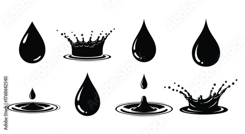 Black water droplets and splashes illustration simple design for graphic elements