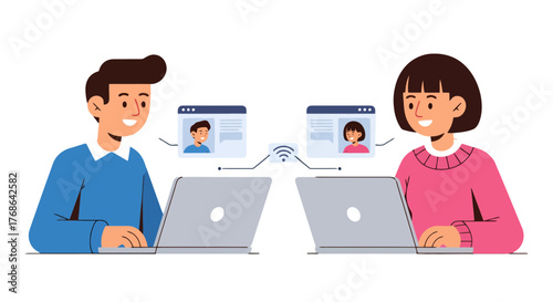 Online Meeting and Video Conference Between Two People Using Laptops and Internet