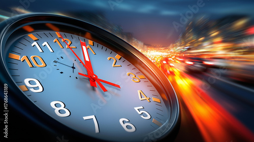 A macro shot of a clock face approaching midnight (11:59), hands in sharp focus, numbers in motion blur. Anticipation, dramatic, concept art. blurred background, with copy space