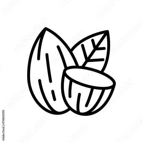 Almond with Leaf and Cut Nut Icon Outline Vector Illustration