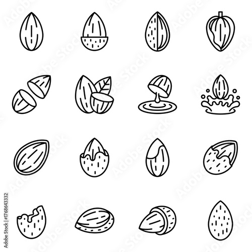 Outline Almond and Nut Icons Set with Half Cut, Milk Splash, and Cracked Shell