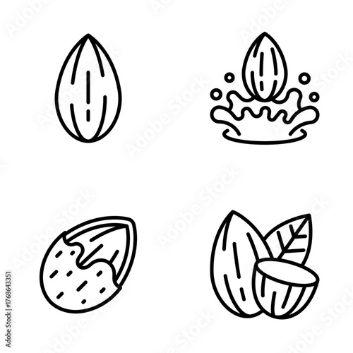 Set of Four Almond Outline Icons Including Whole Almond Milk Splash Half Crack Shell Pair with Leaf