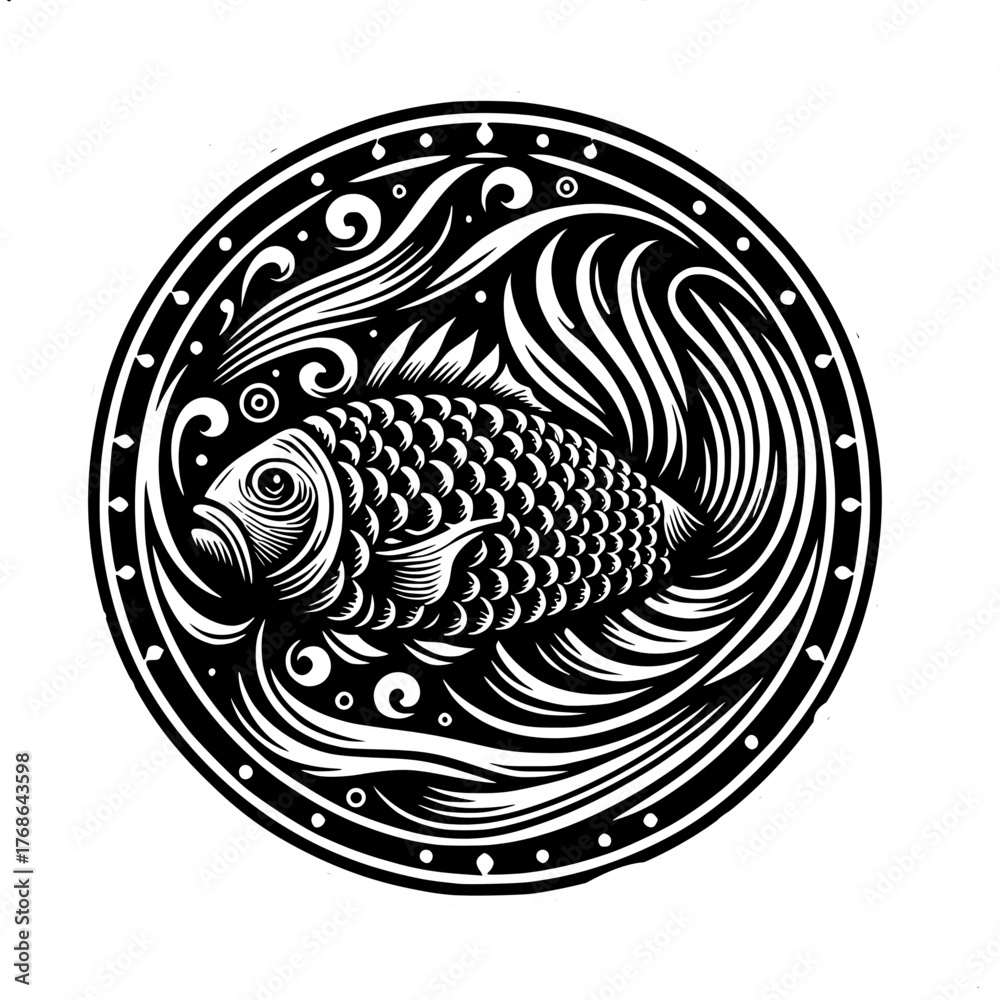 Fototapeta premium Monochrome Fish Emblem: An artistic, monochrome illustration of a fish encircled within a decorative, swirling pattern, perfect for design usage.