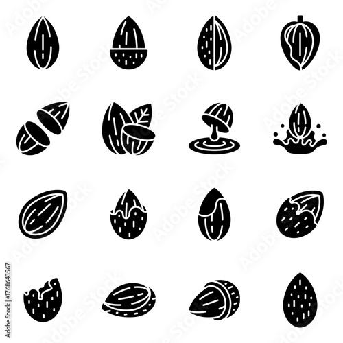 Silhouette Almond and Nut Icons Set with Half Cut, Milk Splash, and Cracked Shell