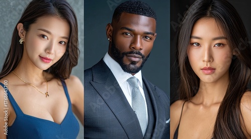 three portraits of people: one man with short hair and a beard, wearing a suit and tie; two women, one a blonde woman wearing a blue dress, the other a dark-skinned girl