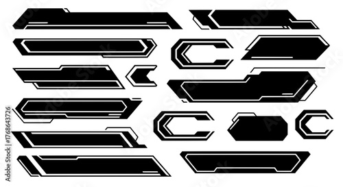 Futuristic geometric shapes for techwear designs, esports stream overlays, lower third banners, and sci-fi HUD UI. Isolated black and white vector set.