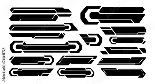 A set of monochrome vector graphics for modern streaming overlays. Futuristic lower third bars and banners for esports, gaming, and techwear projects.