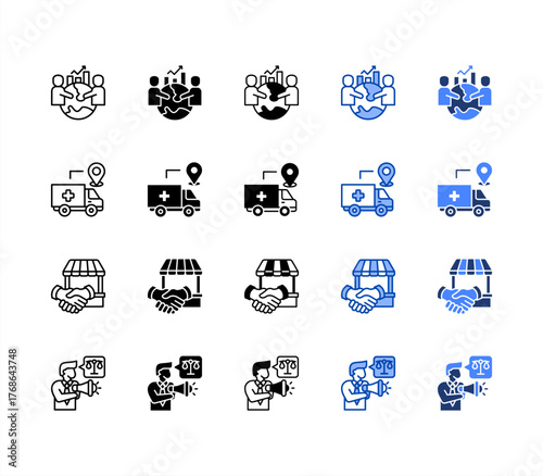 Social impact, Sourcing, Fair trade, Advocacy multiple style icon set.