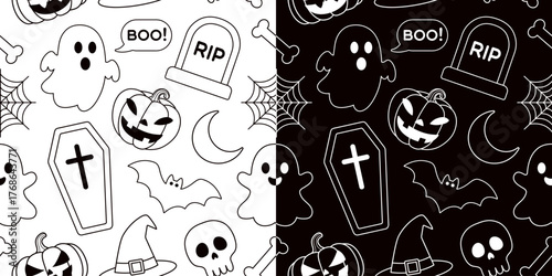 Seamless Halloween pattern with black and white contrast design. Ghosts, pumpkins, bat, coffin, skull, spider web. For back, wrapping paper, banner, textile, print packaging, wallpaper, fabric design.