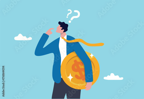 Money question, where to invest, pay off debt or invest to earn profit, financial choice or alternative to make decision concept, businessman investor holding money coin thinking about investment