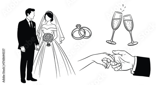 Wedding celebration elements including a couple rings and champagne glasses