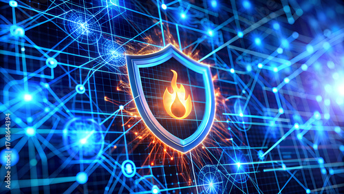 Fiery shield protecting data in cyberspace with glowing lines and nodes background