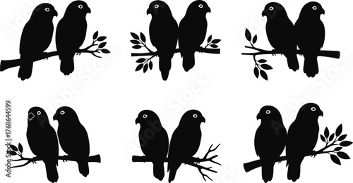 Bird couple silhouette, perched on branch, romantic nature icon, black vector, love birds, leaf design, wildlife graphic, emotional pose