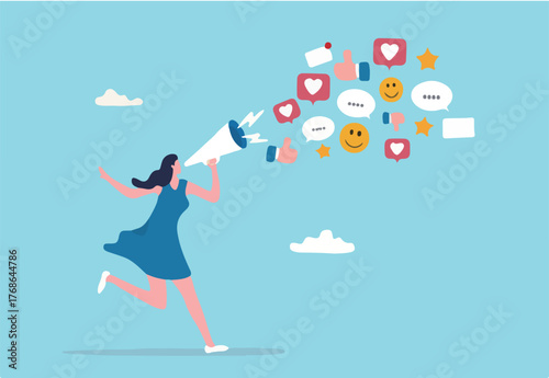 PR, public relation or marketing communication, advertising campaign or social media marketing, online promotion or email newsletter concept, young woman PR speak on megaphone on social media.