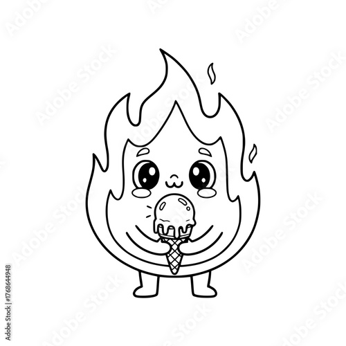 Cute fire character eating ice cream, simple whimsical coloring page for toddlers Generative AI