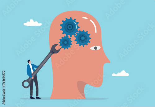 Change mindset or attitude, psychology or brain training to learn new skill to success, mentor or coaching concept, businessman with wrench to adjust gear cogwheels on human head metaphor of mindset.