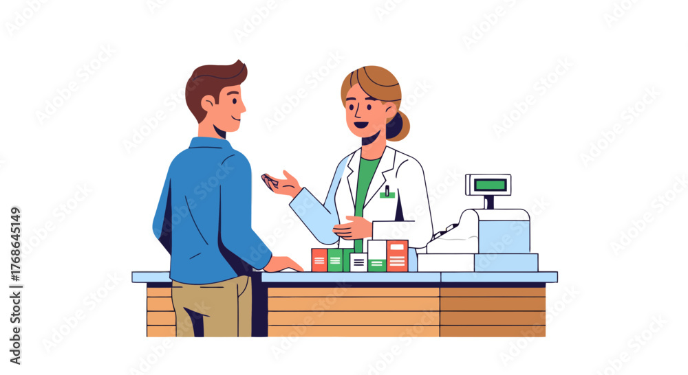 Obraz premium Pharmacy Consultation: Pharmacist Explaining Medications and Treatment for Patient Needs