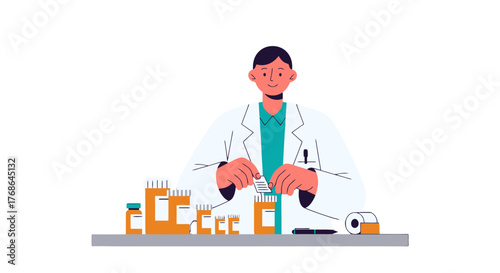 Pharmacist Dispensing Medication: Vector Illustration of Healthcare and Pharmaceutical Practice