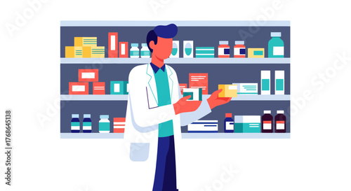 Pharmacist Displaying Medication in a Pharmacy Depicting Healthcare and Pharmaceutical Concepts