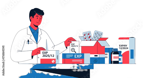 Pharmacist Examining Medicine Expiration Dates In Health Care Illustration Concept