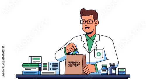 Pharmacist Preparing Package For Pharmacy Delivery With Medical Items Arranged Methodically