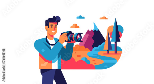 Photographer Capturing A Colorful Landscape, Perfect For Travel And Adventure Themes